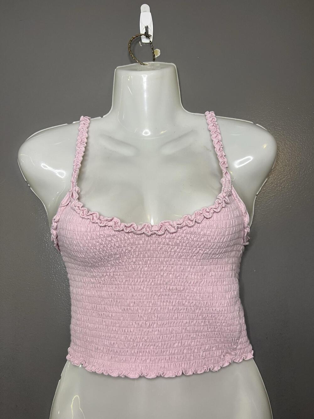 Hollister Tank Top Womens Small Pink Smocked Ruffle Strap Cropped Cami Summer